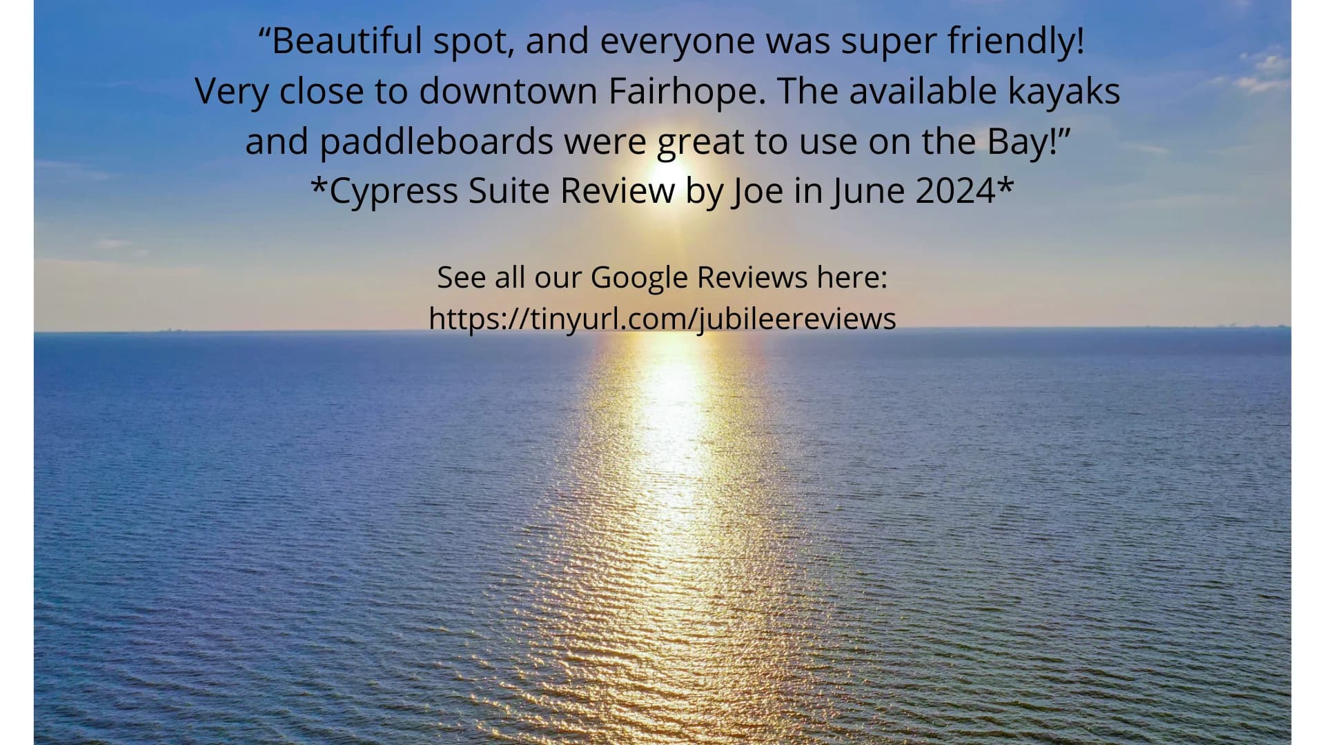 A serene sunset over the water with text highlighting a positive review of a nearby location. A serene sunset over the water with text highlighting a positive review of a nearby location.