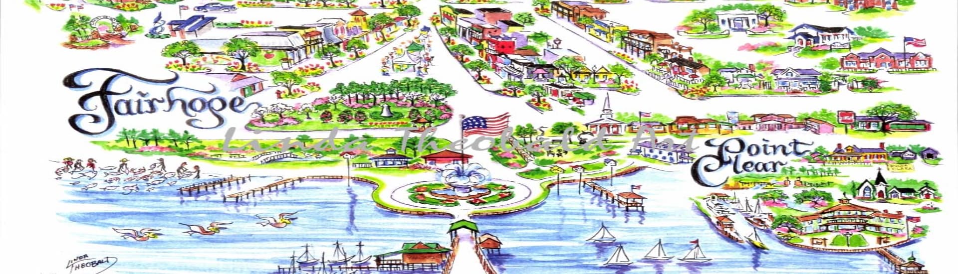 A colorful line drawing of the town of Fairhope, Alabama