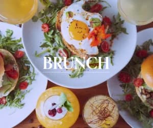 A vibrant brunch spread featuring dishes with eggs, fresh vegetables, and colorful beverages.