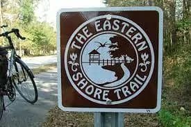 A trail sign for the Eastern Shore Trail with a biking path in the background.