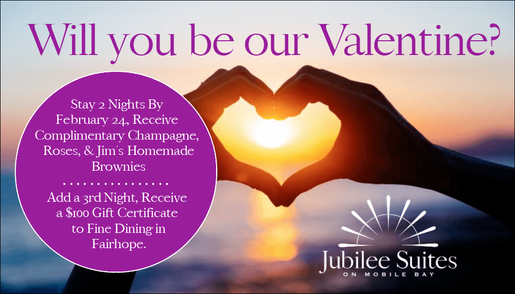 Advertisement for Jubilee Suites offering a Valentine's package with complimentary amenities and a gift certificate.