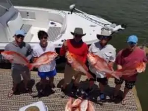 Five fishermen proudly display their catch of red fish on a dock beside a boat.