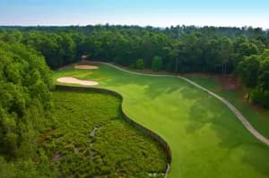 Aerial view of a lush green golf course surrounded by trees and sand traps.