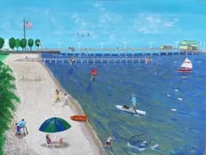 A vibrant beach scene featuring people fishing, paddleboarding, and enjoying the sun, with a pier and boats in the background.