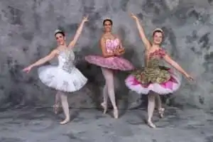 Three ballet dancers in colorful tutus pose elegantly against a textured backdrop.