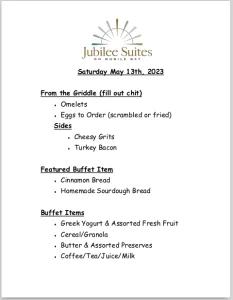 Jubilee Suites Breakfast Menu